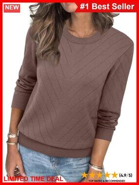 Women's Crew Neck Long Sleeve Eyelet Knit Pullover Sweater Casual
